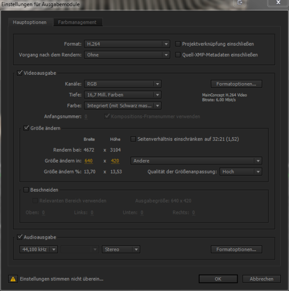 AfterEffects - Rendermodul - Einstellungen für Ausgabemodule