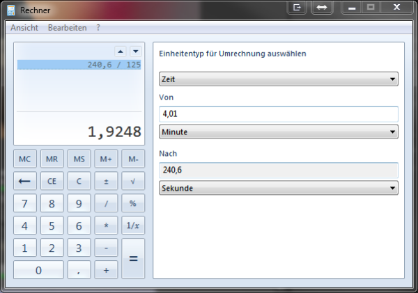 Win7 - Kalkulator - Zeitumrechnung